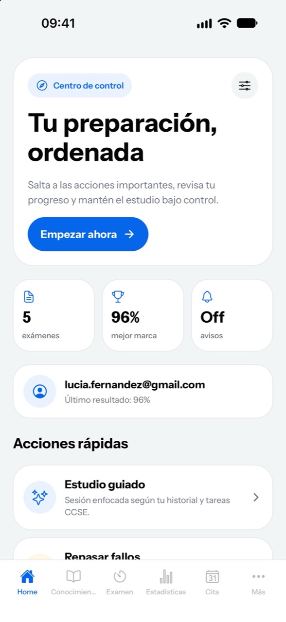 Pantalla principal de miCCSE: resumen de progreso y acciones rápidas
